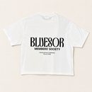 A white short-sleeve t-shirt with black printed text reading 'BLUESOR MEMBERS' SOCIETY' on the front, laid flat against a light beige background.