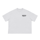 Beige t-shirt with a black and gold graphic on a white background