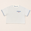 A short-sleeve crop top t-shirt with a white and light blue gingham pattern, featuring a white crew neck, blue and red 'BLUESOR Megami' text on the chest, and blue patterned sleeve cuffs, laid flat on a light beige background.